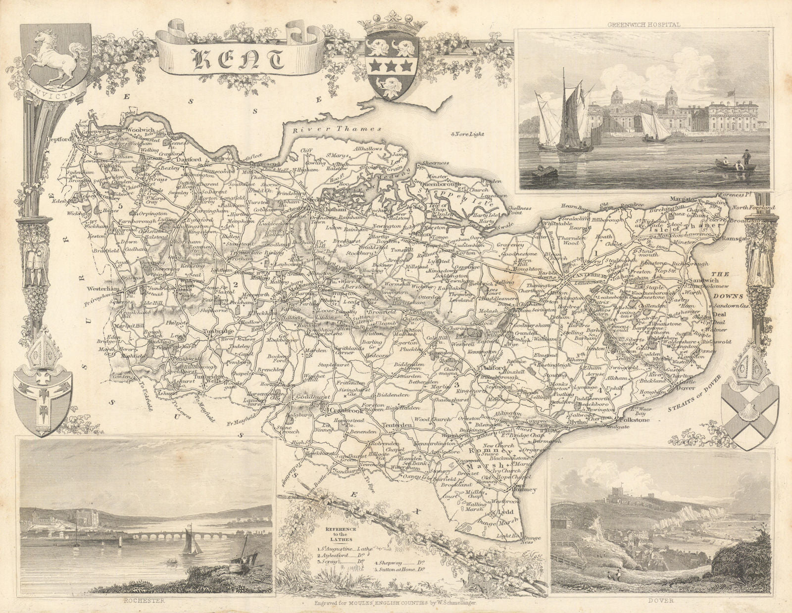 Kent antique county map by Thomas Moule 1837 old plan chart